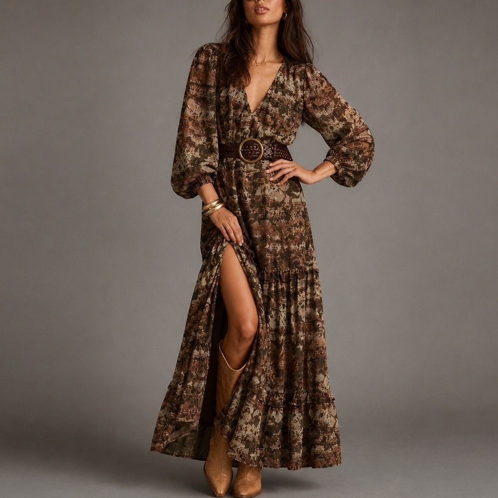 12th Tribe Raindance Long Sleeve Maxi Dress S Brown Floral Abstract Boho - Picture 1 of 10